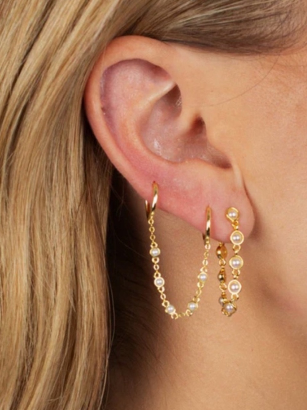Adina Eden 14k Tiny Double Pearl Chain Huggie Earring - Picture 2 of 3